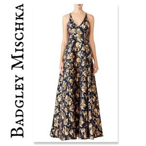 Badgley Mischka Navy and Gold Floral Gown